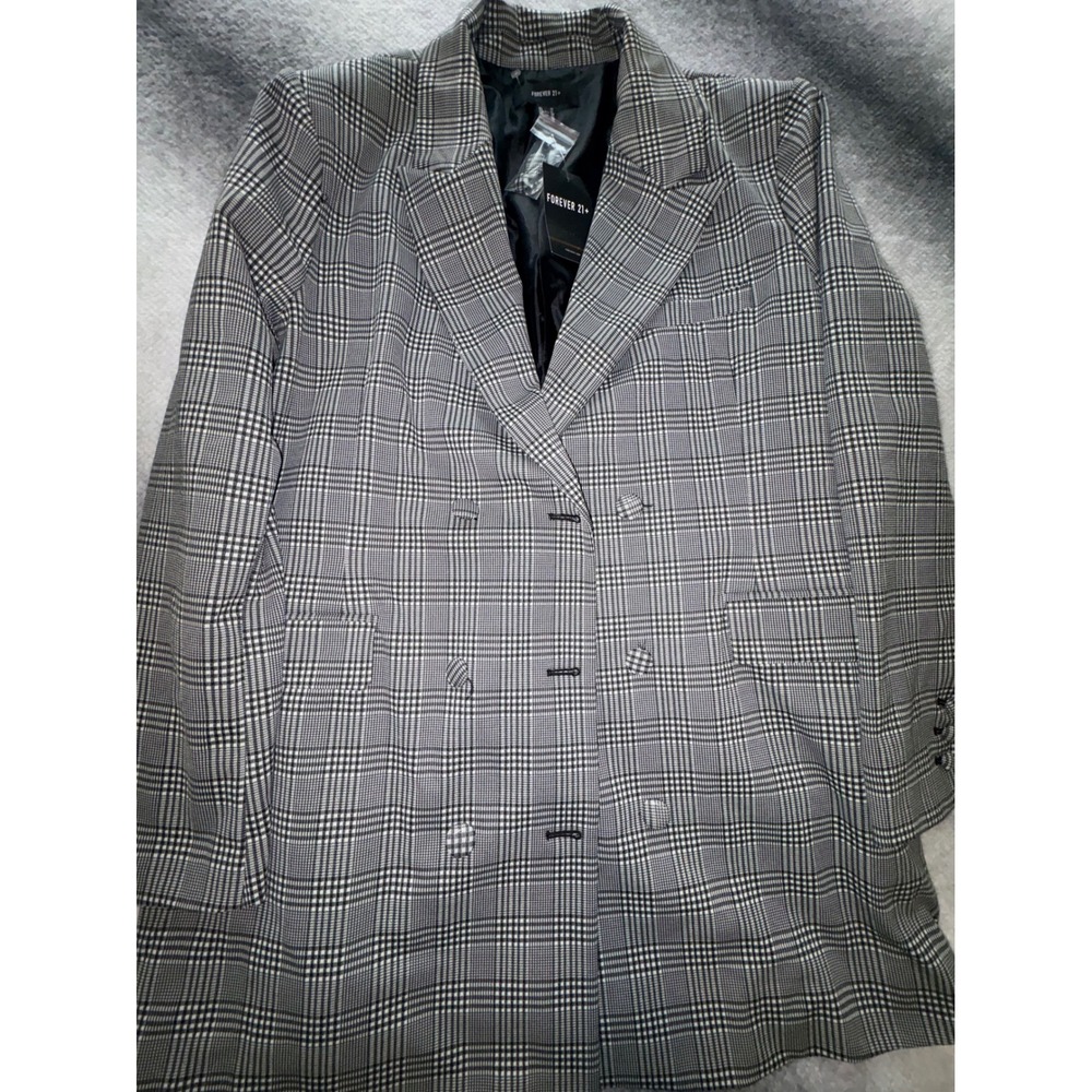 (CL) Forever 21 Plus 1X Grey Black Glen Plaid Double Breast Longline Blazer NWT - Picture 4 of 8